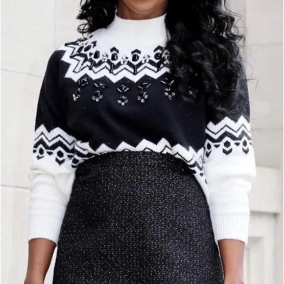Ann Taylor Black HIte Fair Isle Nordic Sequin Embellished Mock Neck Sweater XL - Picture 1 of 9